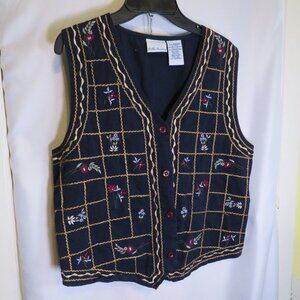 Vintage Bobbie Brooks Embroidered Floral Vest - Navy Blue UNISEX